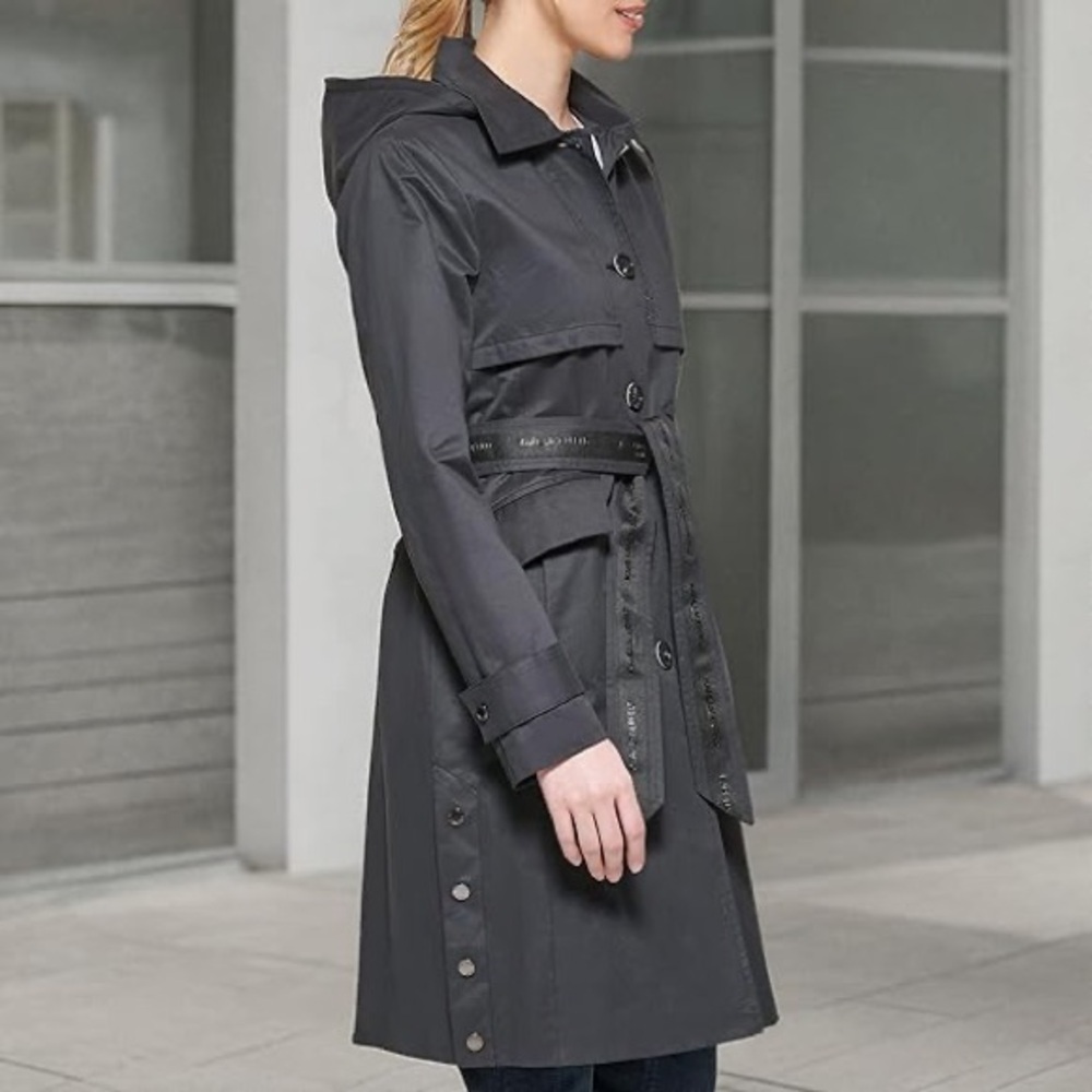 Karl Lagerfeld Black Trench Coat with Belted Waist and Tailored Silhouette